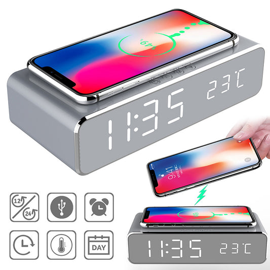 Reloj despertador eléctrico LED con cargador inalámbrico, reloj despertador digital, termómetro, reloj de espejo HD