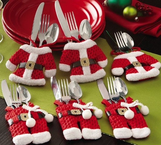 Juego de 6 cubiertos navideños para Año Nuevo, cuchillos, tenedores, pantalones, faldas y adornos navideños para el hogar.