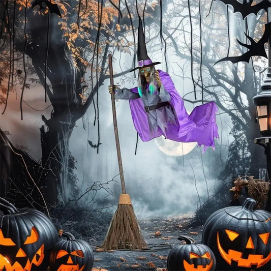 Decoración de bruja voladora de Halloween, fantasma de Halloween, animatrónicos aterradores para exteriores, accesorios de Halloween con sonido aterrador