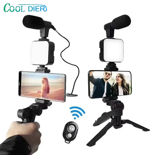 Kit de vlogging para smartphone COOL DIER con trípode, soporte para teléfono, mini micrófono, luz LED de relleno, para TikTok, transmisión en vivo, vídeo y YouTube.