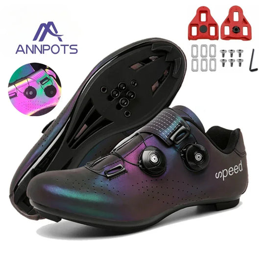 Zapatillas profesionales para hombre, ultraligeras, con doble hebilla, para ciclismo de montaña, luminosas, con calas autoblocantes