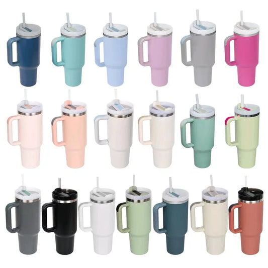 Vaso térmico de 40 oz con asa y pajita blanca - Vasos de acero inoxidable para exteriores, vaso de agua para coche, 13 opciones de color (menta, rosa, blanco y negro)