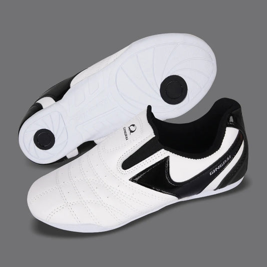 GINGPAI - Zapatos de Taekwondo transpirables con tiras blancas, zapatillas de artes marciales para niños, calzado deportivo para entrenamiento profesional y competición